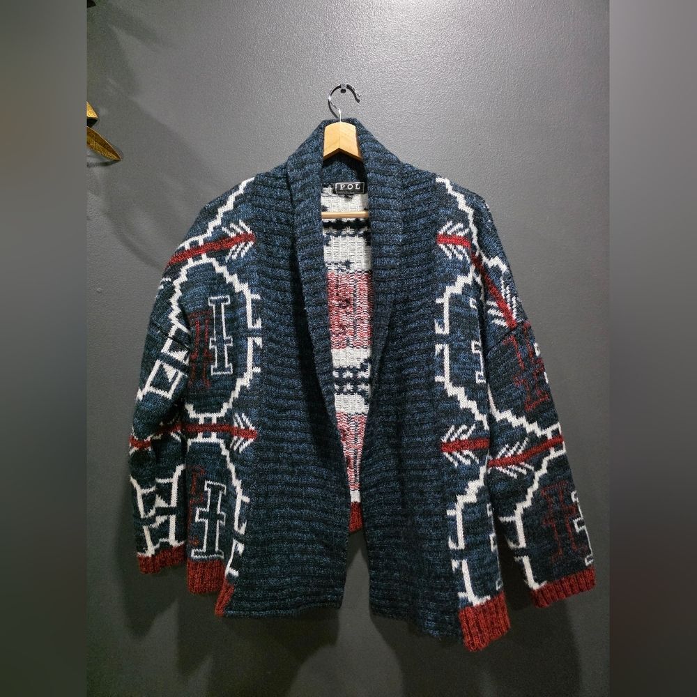 POL Aztec Print Open Front Shawl Collar Cardigan Blue Burgundy Sz M Women